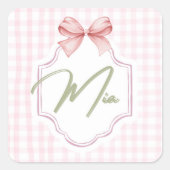 Gepersonaliseerde Mia Baby Girl Nursery Bow & Ging Vierkante Sticker (Voorkant)