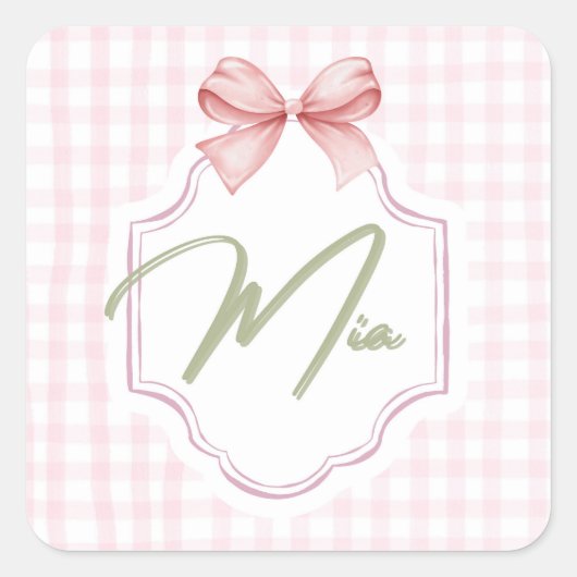 Gepersonaliseerde Mia Baby Girl Nursery Bow & Ging Vierkante Sticker (Voorkant)