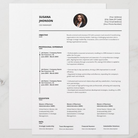 Gepersonaliseerde minimalistische Clean Resume-Sja (Voorkant / Achterkant)
