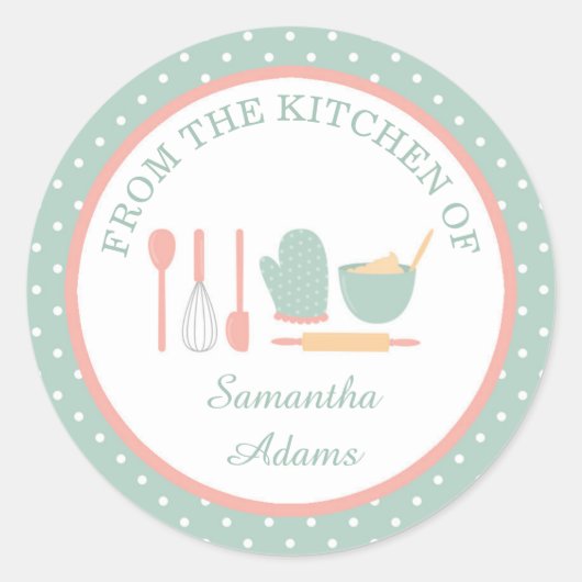 Gepersonaliseerde  Mint en Roze Bakken Keuken Ronde Sticker (Voorkant)