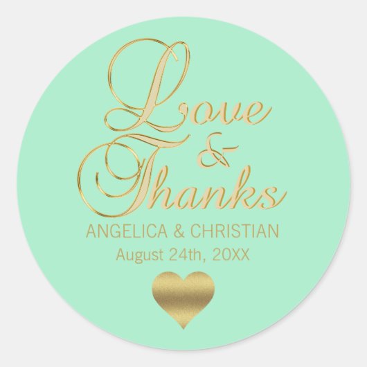 Gepersonaliseerde MINT Gold LOVE en BEDANKT bruilo Ronde Sticker (Voorkant)