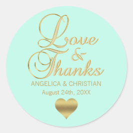 Gepersonaliseerde MINT Gold LOVE en BEDANKT bruilo Ronde Sticker
