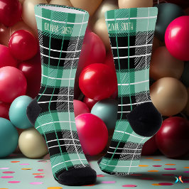 Gepersonaliseerde Mint Green en Black Tartan Plaid Sokken