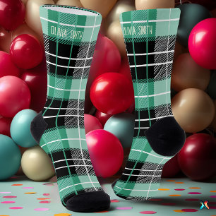 Gepersonaliseerde Mint Green en Black Tartan Plaid Sokken