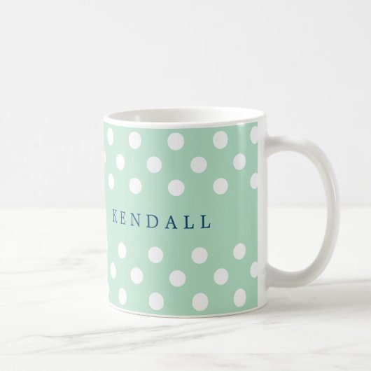 Gepersonaliseerde Mint Green en White Polka Dots Koffiemok (Rechts)