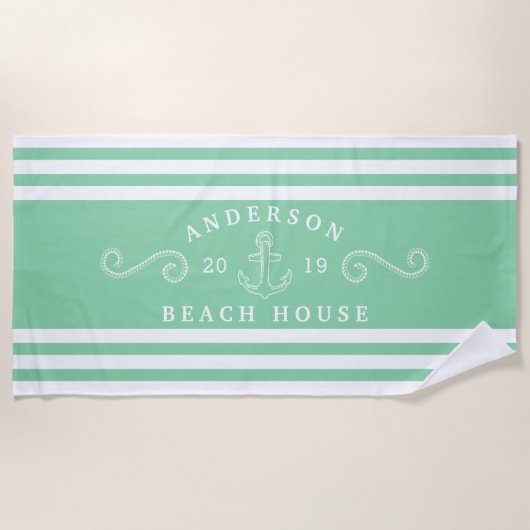 Gepersonaliseerde Mint Green Nautisch Strandhuis Strandlaken (Voorkant)