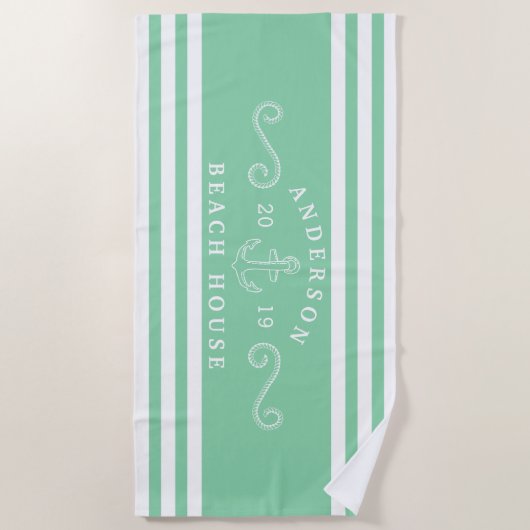 Gepersonaliseerde Mint Green Nautisch Strandhuis Strandlaken (Voorkant)