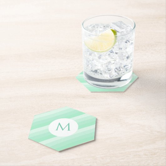 Gepersonaliseerde mint Green Stripes Modern Monogr Kartonnen Onderzetters (Insitu)