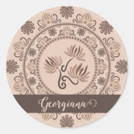 Gepersonaliseerde Mocha Rococo Revival Dot Mandala Ronde Sticker