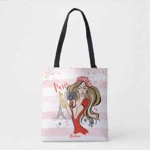 Gepersonaliseerde Mode Girl Paris Pink Sketch Tote Bag