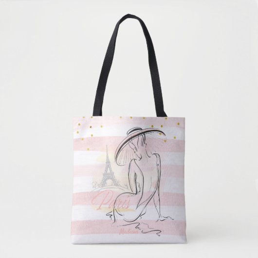 Gepersonaliseerde Mode Girl Paris Pink Sketch Tote Bag (Voorkant)