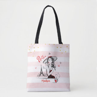 Gepersonaliseerde Mode Girl Paris Pink Sketch Tote Bag