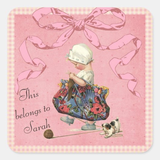 Gepersonaliseerde  Mode Girl Pink Ribbon Vierkante Sticker (Voorkant)