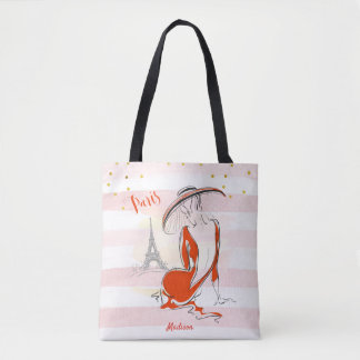 Gepersonaliseerde Mode Meisje Roze Parijse Schets Tote Bag
