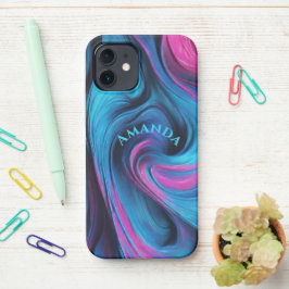 Gepersonaliseerde Modern Abstract-Blauw en Fuchsia iPhone 12 Hoesje