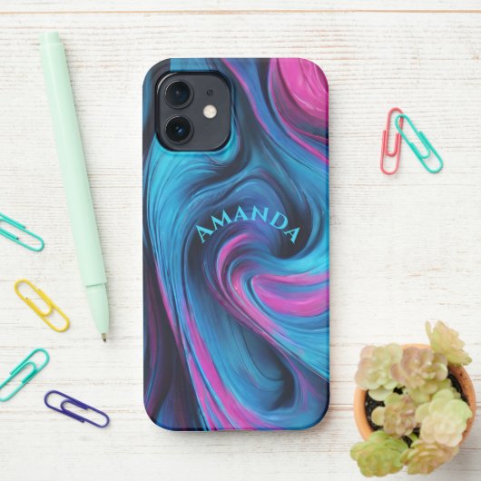 Gepersonaliseerde Modern Abstract-Blauw en Fuchsia iPhone Hoesje (Op bureau)