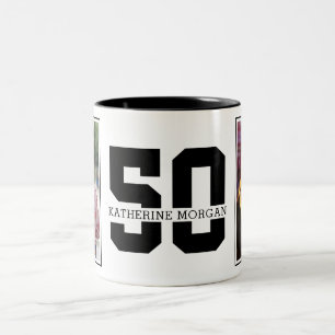 Gepersonaliseerde moderne 50e verjaardag foto tweekleurige koffiemok