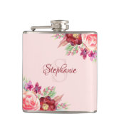 Gepersonaliseerde moderne bloemen bordeaux blush m heupfles (Voorkant)