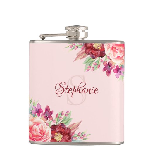Gepersonaliseerde moderne bloemen bordeaux blush m heupfles (Voorkant)