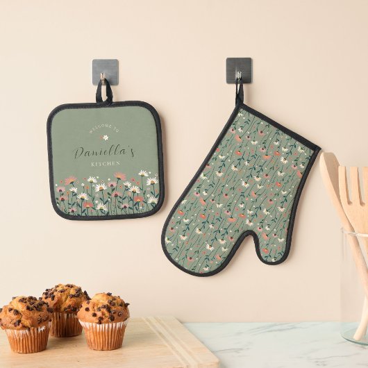 Gepersonaliseerde moderne Boho Chic Wildflower Ovenwant & Pannenlap Set