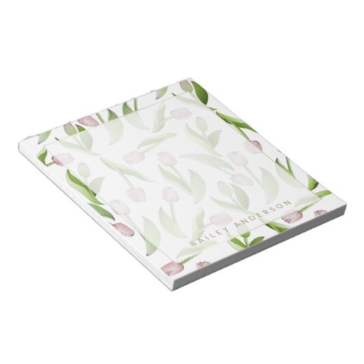 Gepersonaliseerde moderne botanische roze tulpenbl notitieblok (Schuin)