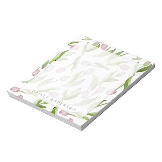 Gepersonaliseerde moderne botanische roze tulpenbl notitieblok (Linkerzijde)