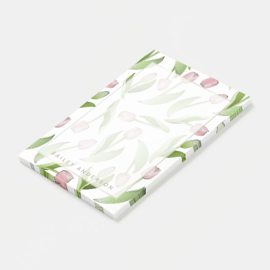 Gepersonaliseerde moderne botanische roze tulpenbl post-it® notes (Schuin)