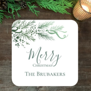 Gepersonaliseerde moderne eenvoudige groene kerst vierkante sticker