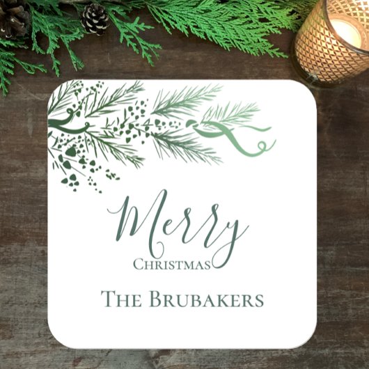 Gepersonaliseerde moderne eenvoudige groene kerst vierkante sticker