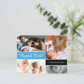 Gepersonaliseerde Moderne Fotocollage Blauw Dank u Aankondigingskaart (Staand voorkant)