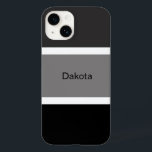 Gepersonaliseerde Moderne Grijs Zwart Wit Streep N Case-Mate iPhone 14 Hoesje<br><div class="desc">Moderne,  coole en stijlvolle gepersonaliseerde mobiele telefoonhoes met een grijs,  zwart en wit streeppatroon. Grote zwarte en grijze strepen met kleine witte strepen. Gepersonaliseerd met jouw namen in een zwarte tekst.</div>