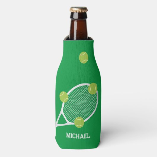 Gepersonaliseerde moderne groene tennis racket bal flesjeskoeler (Fles Voorkant)