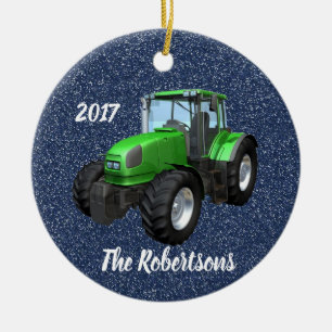 Gepersonaliseerde Moderne Groene Tractor op Blauw Keramisch Ornament