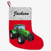 Gepersonaliseerde Moderne Groene Tractor op Rood  Kleine Kerstsok (Voorkant)