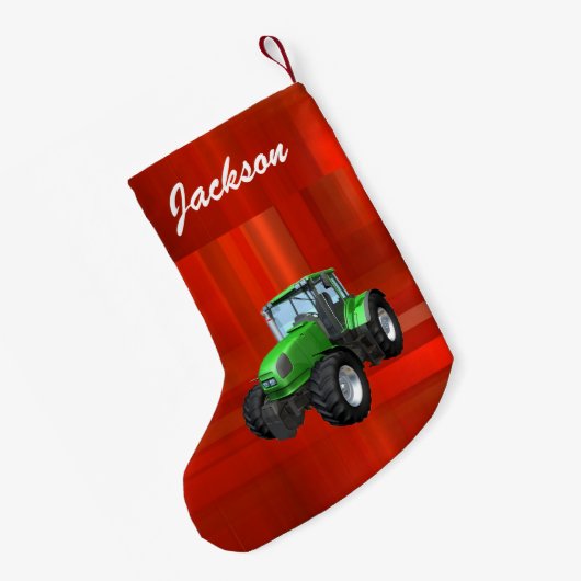 Gepersonaliseerde Moderne Groene Tractor op Rood Kleine Kerstsok (Achterkant (Hangend))
