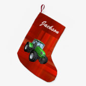 Gepersonaliseerde Moderne Groene Tractor op Rood Kleine Kerstsok (Voorkant (Hangend))