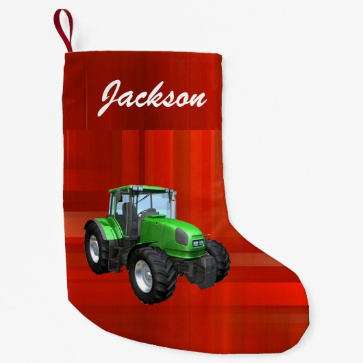 Gepersonaliseerde Moderne Groene Tractor op Rood Kleine Kerstsok (Voorkant)