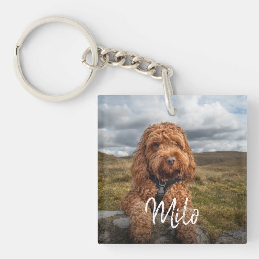 Gepersonaliseerde moderne hond foto naam sleutelhanger (voorkant)
