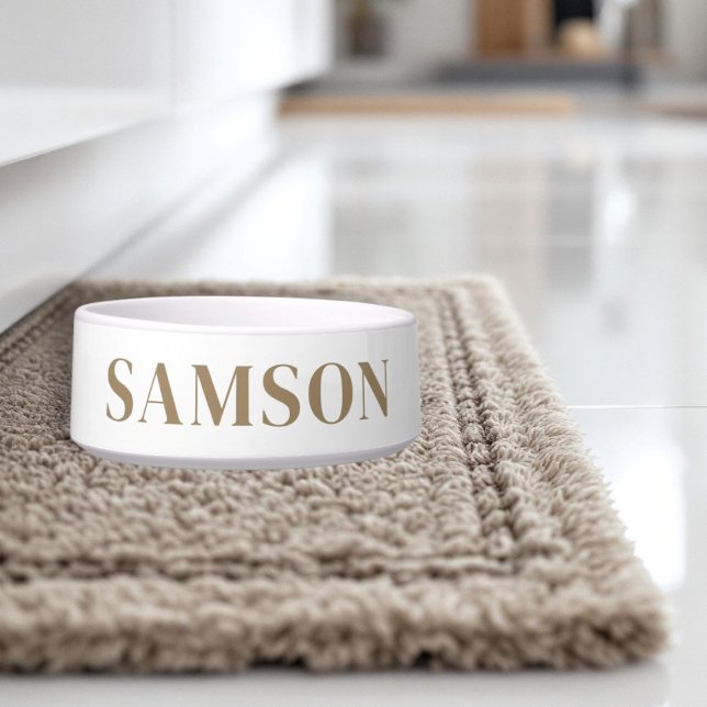 Gepersonaliseerde moderne minimale honden voerbakje (personalized dogs bowel in white and gold for the pampered pooch)