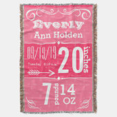 Gepersonaliseerde moderne roze geboorte statistiek deken (Voorkant Verticaal)