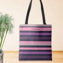 Gepersonaliseerde moderne roze Paarse streep patro Tote Bag