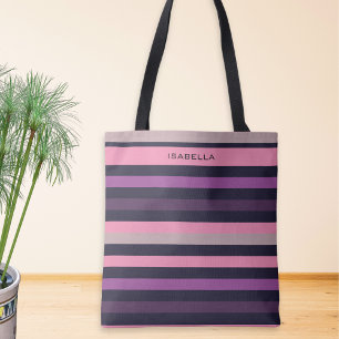 Gepersonaliseerde moderne roze Paarse streep patro Tote Bag