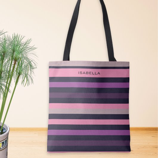 Gepersonaliseerde moderne roze Paarse streep patro Tote Bag
