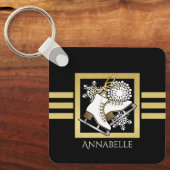 Gepersonaliseerde moderne zwart gouden glitter sch sleutelhanger (Voorkant)