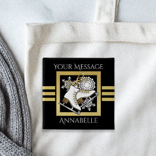 Gepersonaliseerde moderne zwart gouden glitter sch vierkante button 5,1 cm