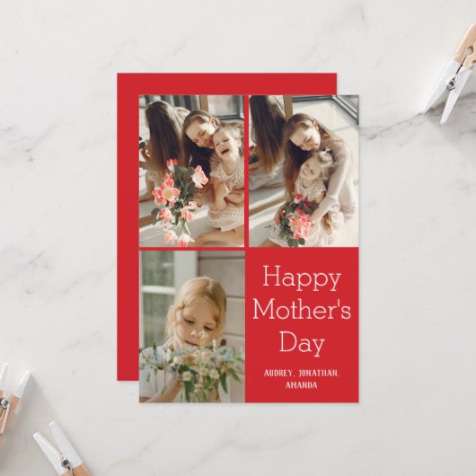 Gepersonaliseerde moederdag, drie fotocollage kaart (Voorkant / Achterkant in situ)