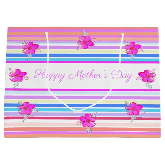 Gepersonaliseerde Moederdag Floral Stripe Gift Bag Groot Cadeauzakje (Voorkant)