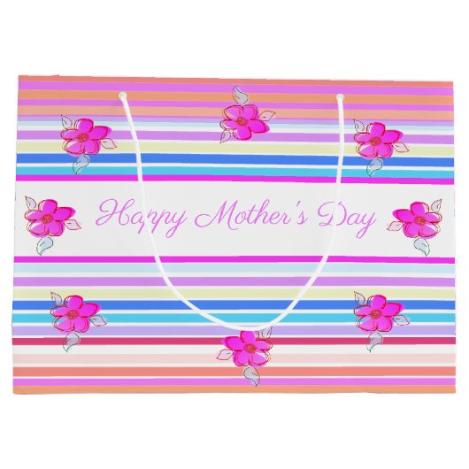 Gepersonaliseerde Moederdag Floral Stripe Gift Bag Groot Cadeauzakje (Achterkant)