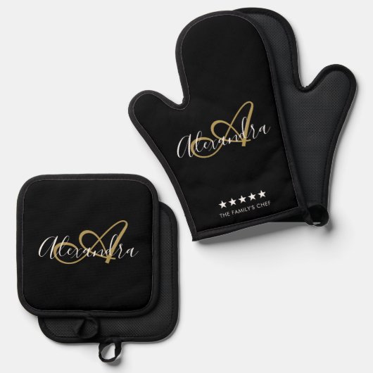 Gepersonaliseerde Mom Gift Zwart Goud Script Monog Ovenwant & Pannenlap Set (Voorkant / Achterkant)