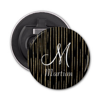 Gepersonaliseerde monografie Gold Glitter & zwart Button Flesopener
